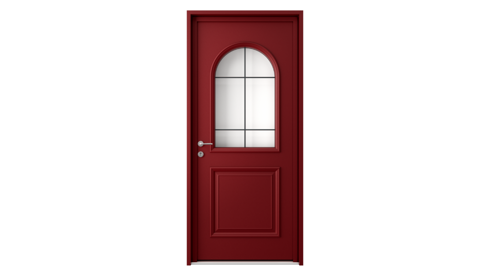 Porte d'entrée aluminium EGINE Porte d'entrée rouge avec un décor vitré courbé au centre